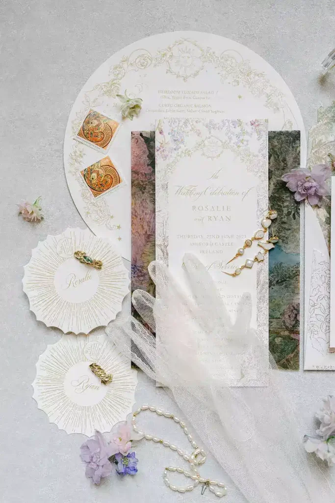 Destination wedding at Ashford Castle, County Mayo — stationery suite flatlay styled with flowers, a lace glove, and jewellery.