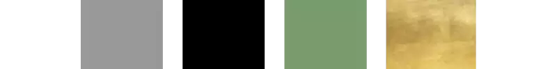 Color palette swatch showing five vertical blocks: gray, black, sage green, gold, and black.