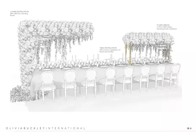Destination wedding in Ireland at Adare Manor, County Limerick — wedding dining table design featuring a floral installation above the reception setting.