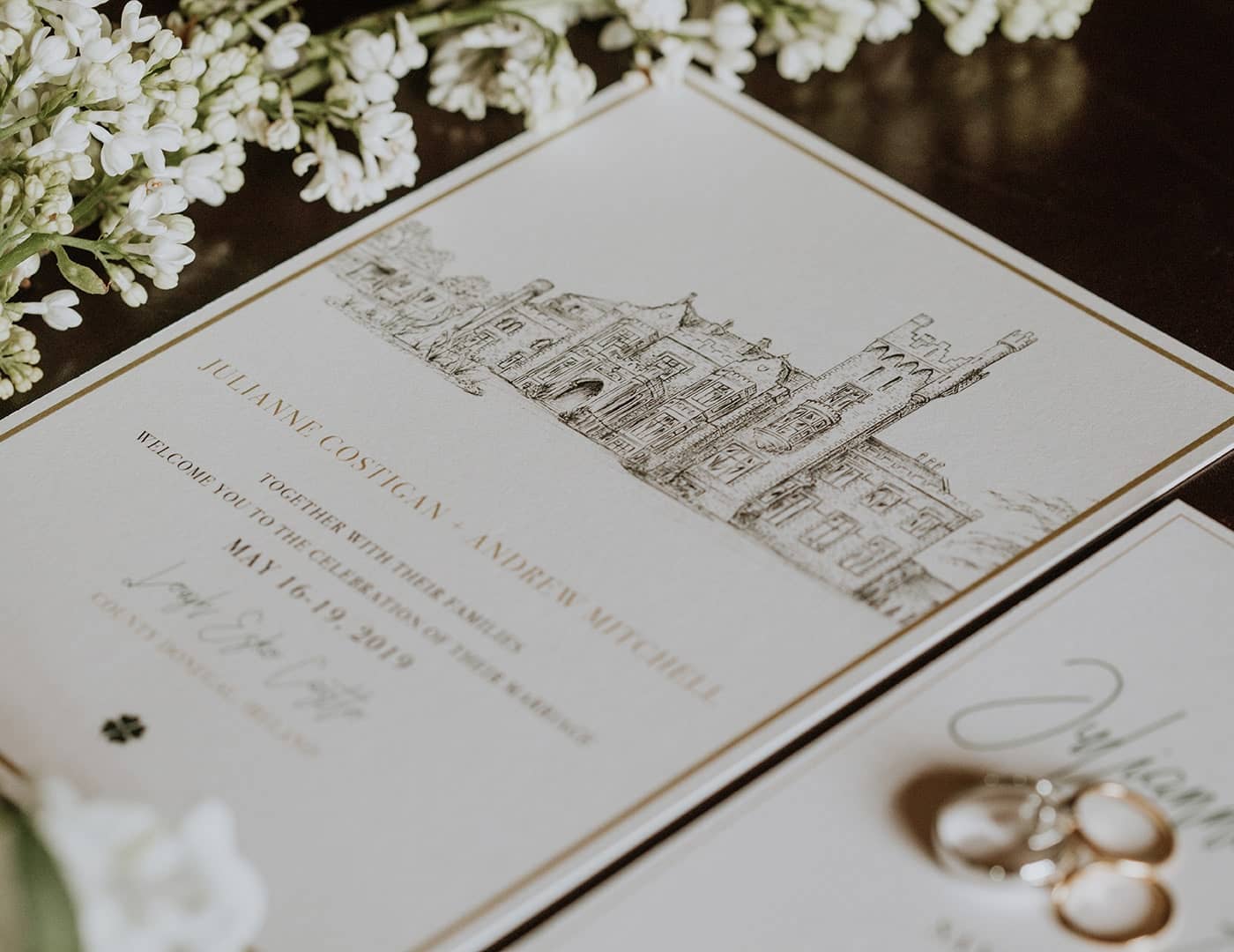 Destination wedding in Ireland — wedding stationery detail featuring printed invitations and paper elements arranged for a celebration.