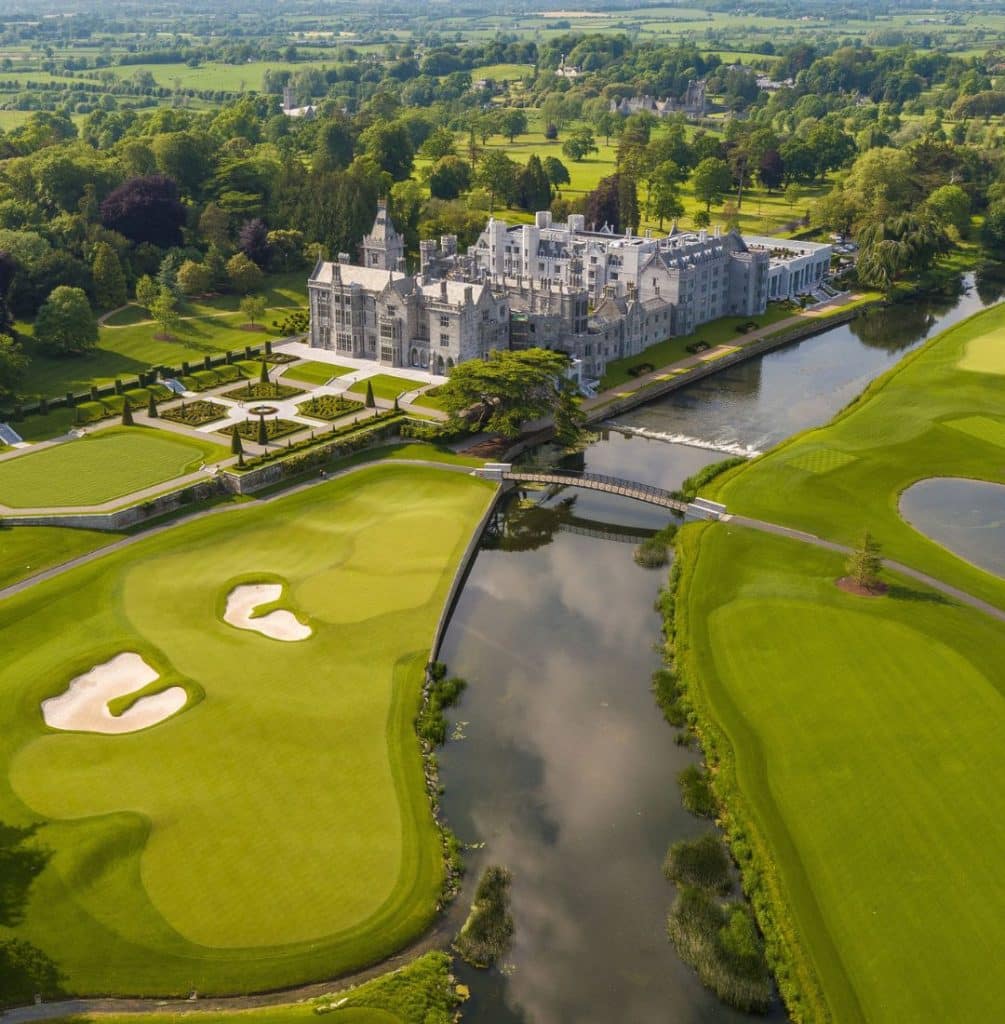 Drone shot of Adare Manor estate in Ireland.