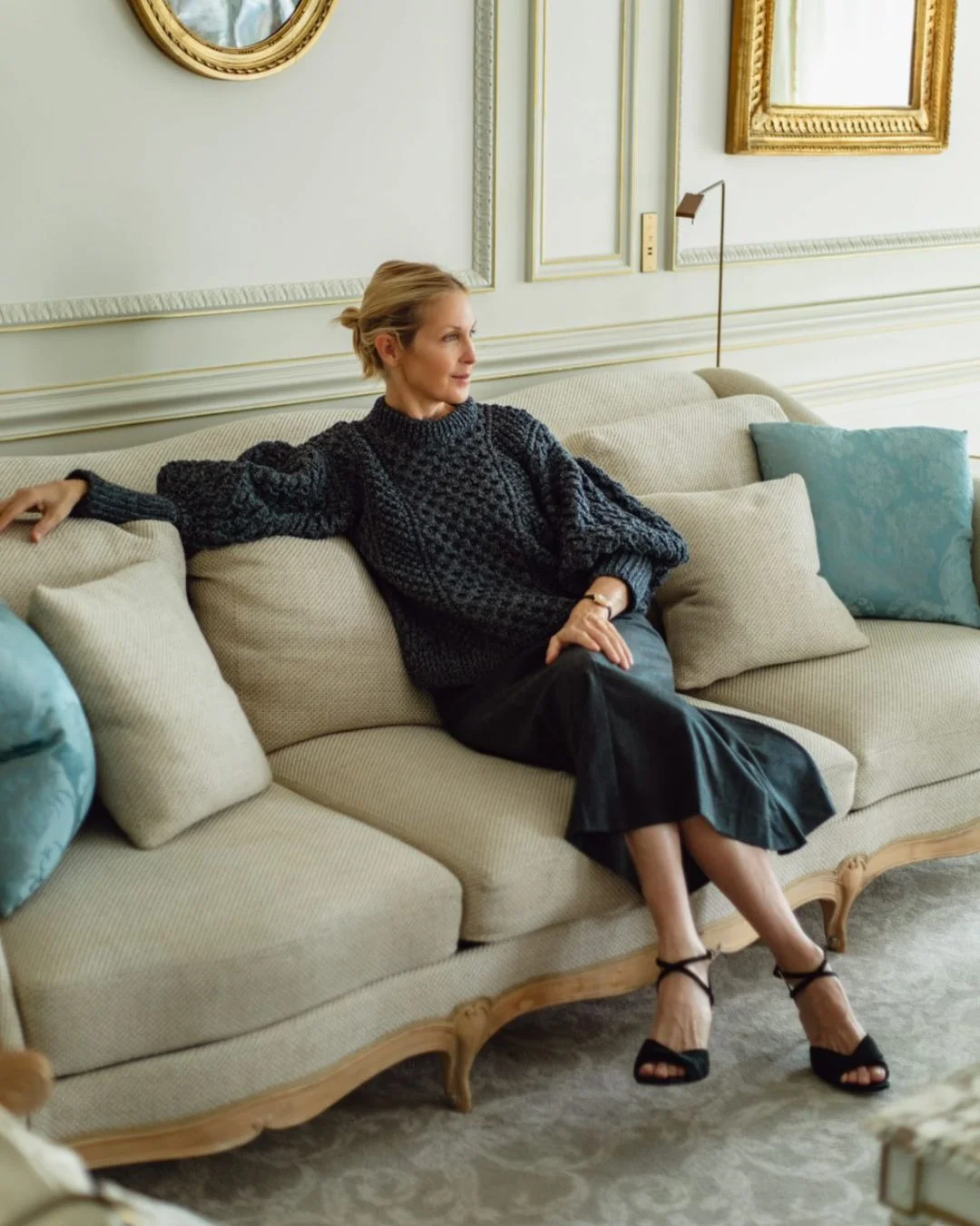 Irish design craftsmanship — Kelly Rutherford wearing Colin Burke knitwear inspired by heritage tailoring and contemporary Irish design.