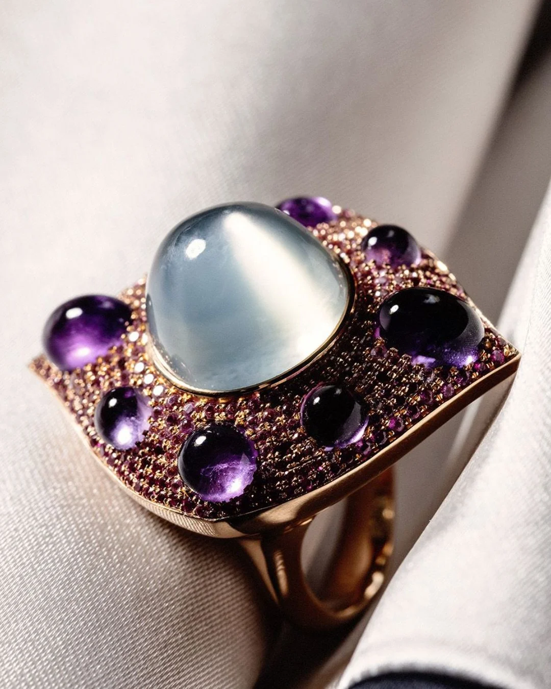 Luxury wedding jewellery Ireland — statement ring by Irish goldsmith Nigel O’Reilly featuring precious gemstones and bespoke detailing.