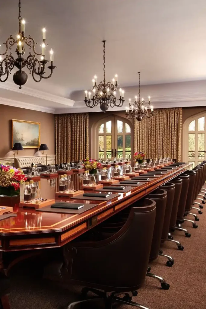 Corporate events Ireland at Adare Manor, County Limerick — The Boardroom set for a formal gathering with a long conference table, individual place settings including notebooks and water glasses, and understated floral arrangements running along the centre within a refined estate interior.
