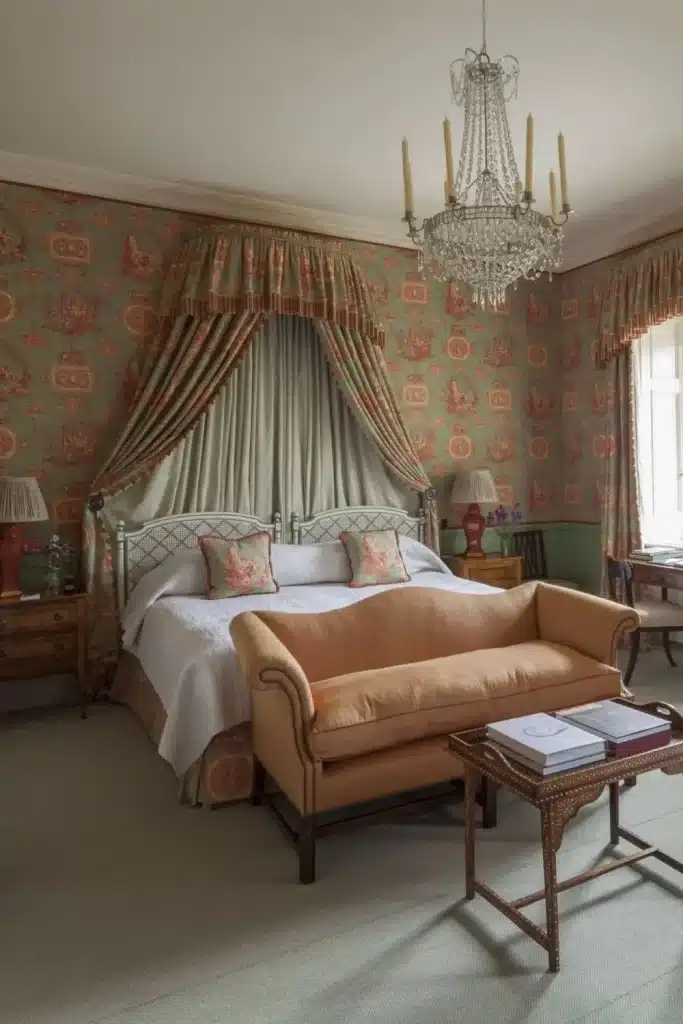 Destination wedding in Ireland Ballyfin Demesne, County Laois, Ireland — Dr Beaufort bedroom featuring a grand bed with an upholstered couch at the foot, framed by sophisticated French toile wall coverings and eighteenth-century furnishings.