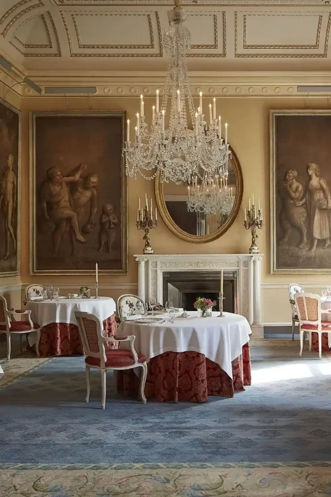 Destination wedding at Ballyfin Demesne, County Laois — State Dining Room featuring a carved fireplace, decorative mirror, framed paintings, and formal dining tables arranged within an elegant reception setting.