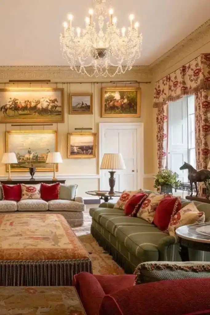 Irish destination wedding at Cashel Palace, County Tipperary — drawing room with comfortable lounge seating, table lamps, equestrian paintings on the walls, and a central crystal chandelier.