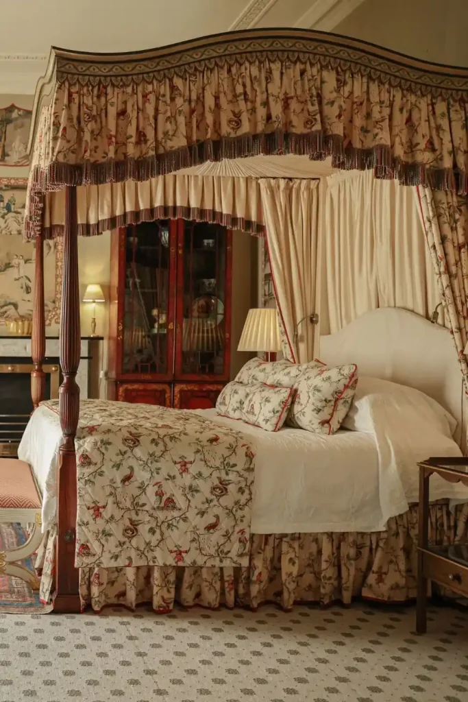 Irish destination wedding Ballyfin Demesne, County Laois, Ireland — Sir Christopher Coote suite featuring a four-poster bed with patterned throw and cushions, set within a room lined with intricately decorated eighteenth-century Chinese wallpaper panels.