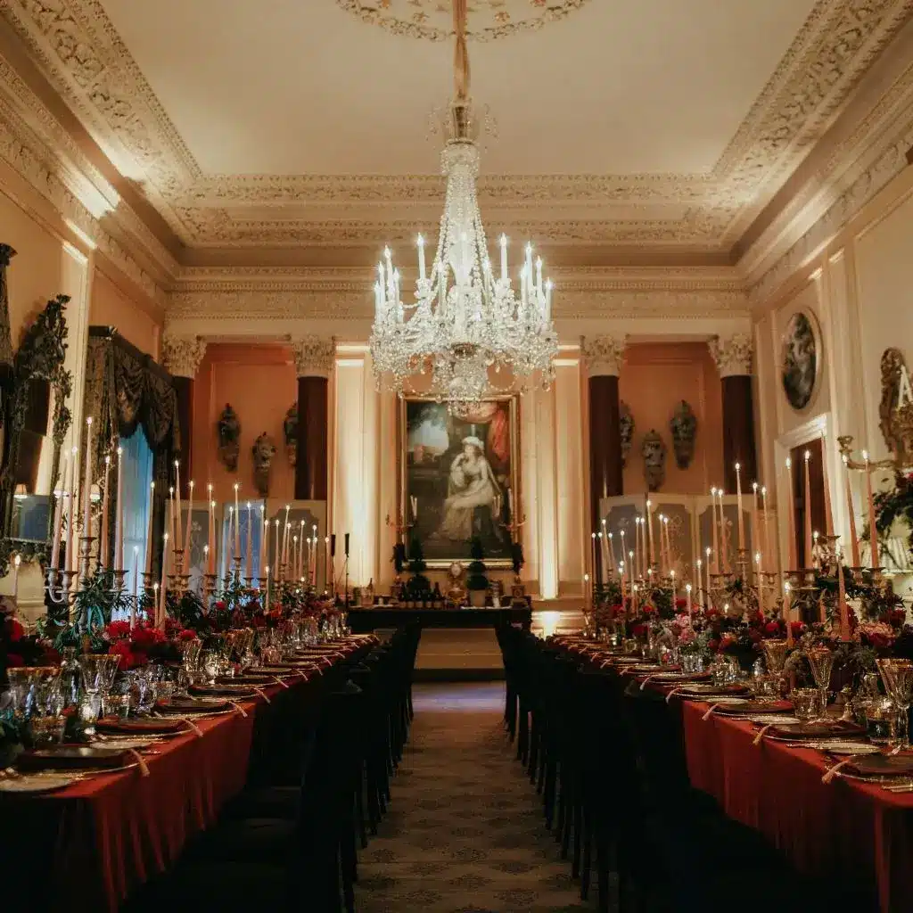 Irish destination wedding Ballyfin Demesne, County Laois, Ireland — wedding dinner set up with two long tables styled in autumnal tones, featuring candlelight and floral arrangements beneath a large central chandelier.
