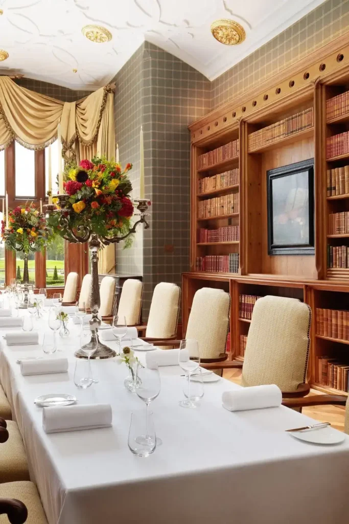 Irish castle wedding at Adare Manor, County Limerick — The Library set for an event dining experience with a long banquet table, tall floral arrangements, and candlelight, framed by built-in bookcases and softly draped windows within the castle interior.