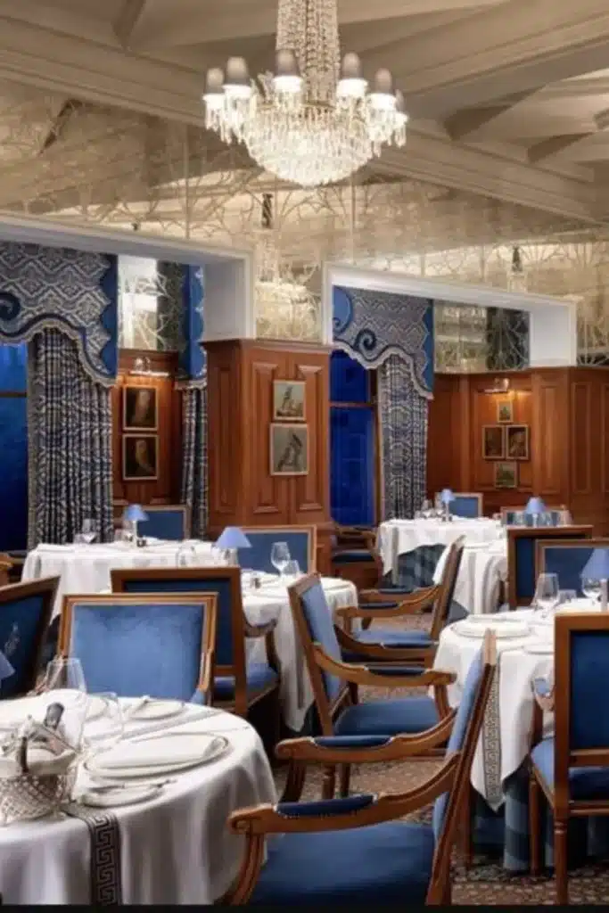 Irish castle wedding at Ashford Castle — George V Dining Room with blue dining chairs, patterned blue curtains, set dinner tables, and chandelier lighting.