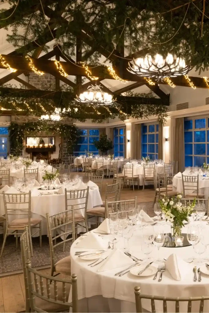Destination wedding at Mount Juliet Estate, County Kilkenny, Ireland — The McCalmont Suite set for a reception with round dining tables and chairs beneath exposed ceiling beams adorned with greenery and lighting.