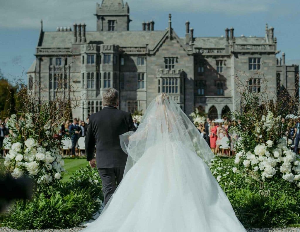 Country estate wedding in Ireland at Adare Manor — aerial view of the estate and surrounding countryside during a destination wedding celebration.