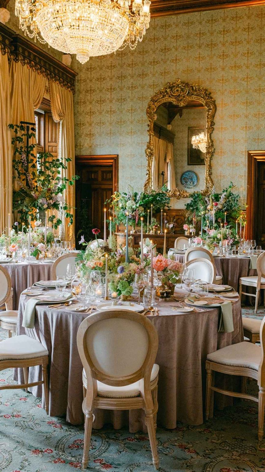 Luxurious banquet setup in a gilt-trimmed room with a crystal chandelier, pastel flowers, and candlelit tables ready for a formal event