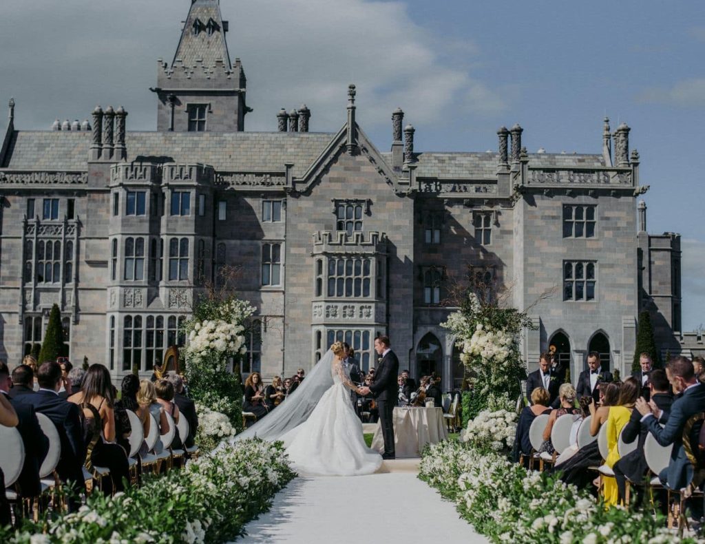 Irish destination wedding at Adare Manor, County Limerick — wedding ceremony set within the formal gardens of the estate.