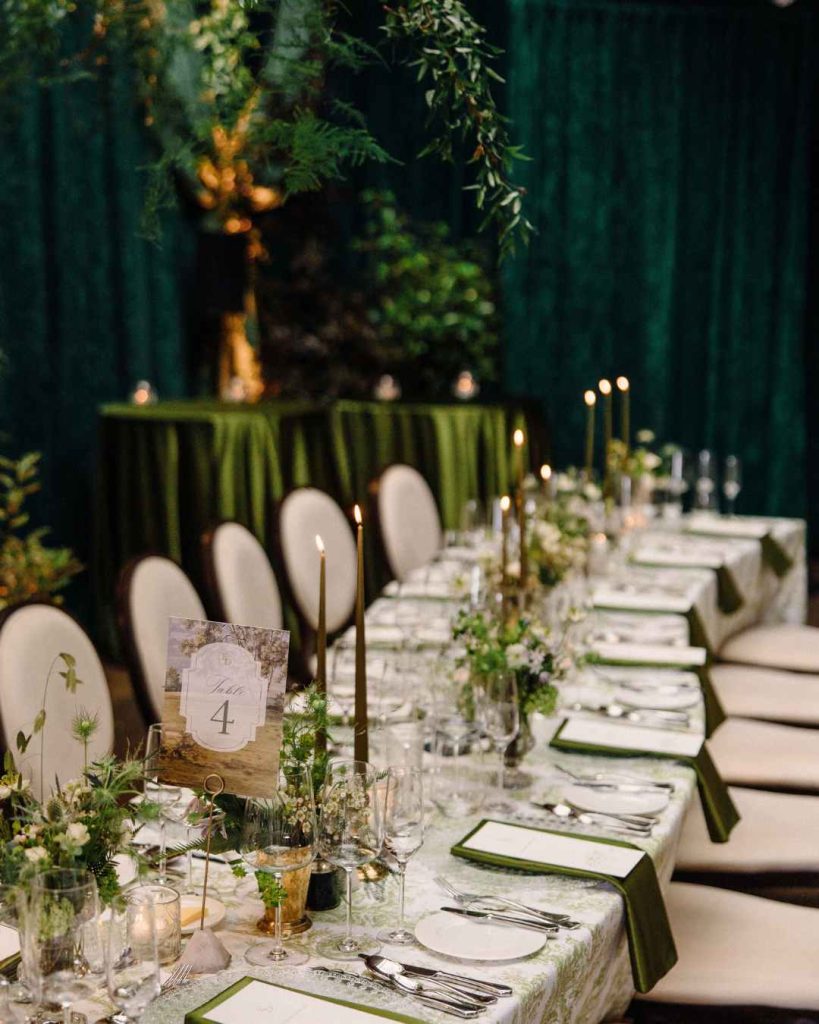 Irish destination wedding at Cashel Palace, County Tipperary — ballroom tablescape with bespoke floral design for a wedding reception.
