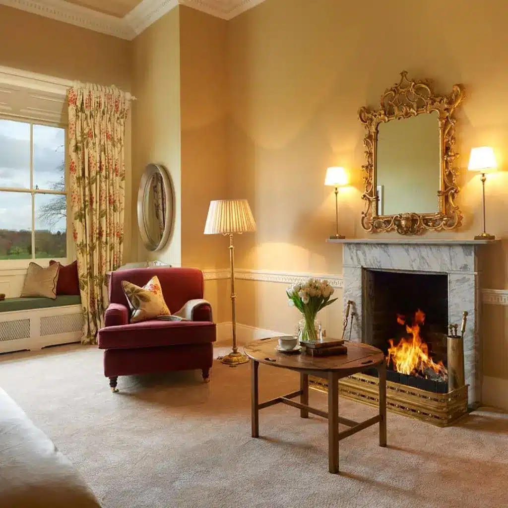 Luttrellstown Castle, County Dublin — bedroom with a lit fireplace, mirror above the mantel, table lamps, and a seating area featuring a coffee table and armchair.