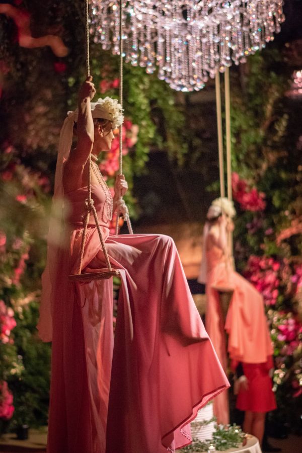 Private celebration at Adare Manor, County Limerick — aerial performer inside a bespoke marquee during an evening celebration.